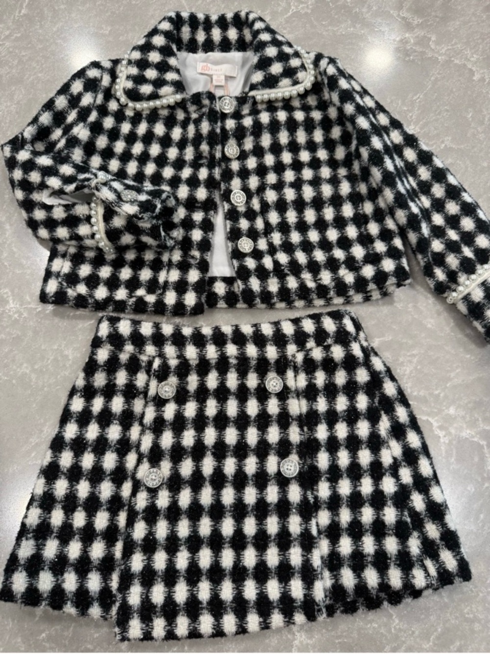 GB Girls Gianni Bini 3T Black White Checkered Tweed Pearl Jacket Skirt Set NWT